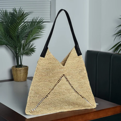 Imagen 2 del producto 2025 nueva moda versátil bolso de paja Tote triángulo diseño Casual bolso de hombro marea tejido de paja bolsos de hombro de playa