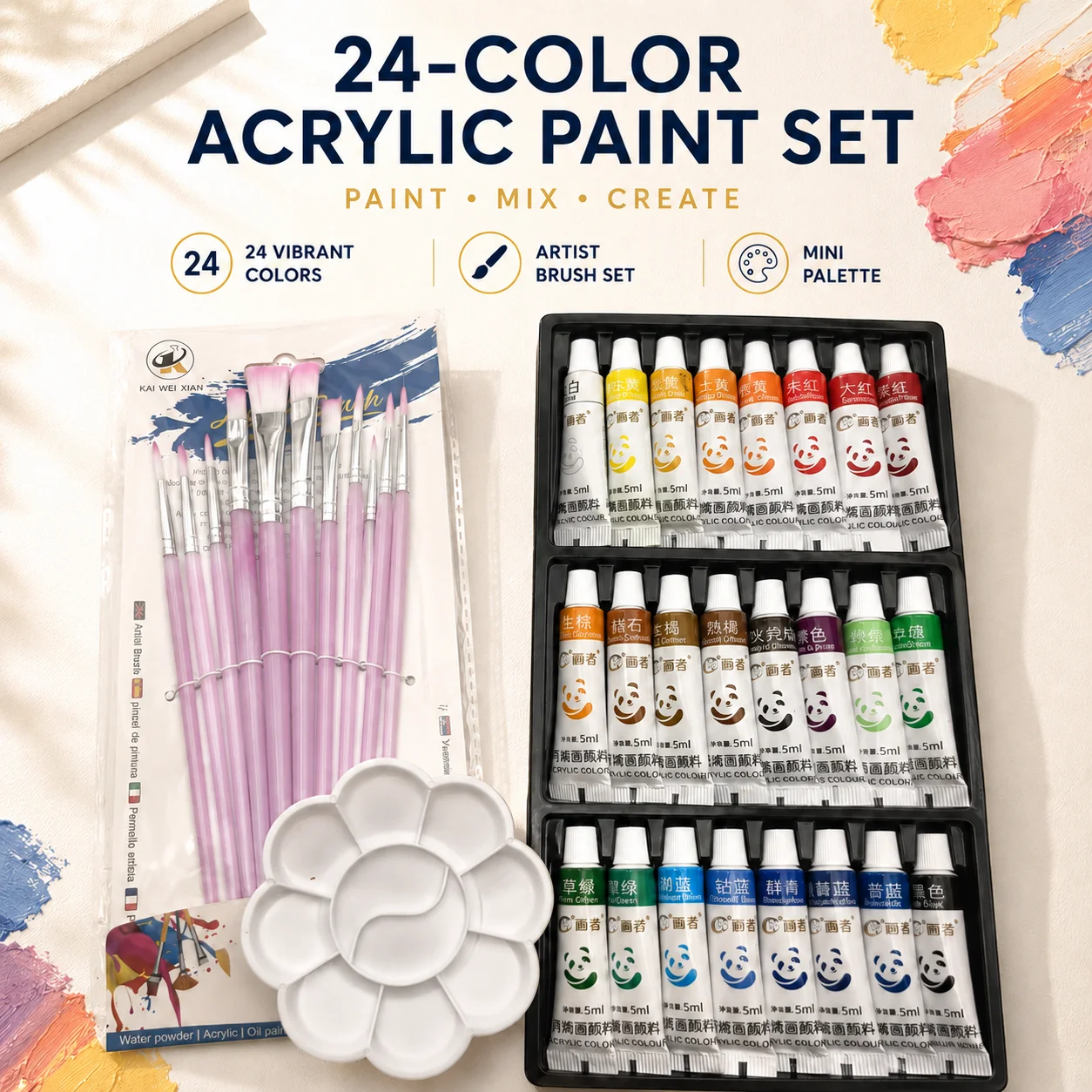 Acrylic Paint Set-Includes 10PCS Brushes and Mini Palette 5ml Tube Painting Art Tool Set for Paper Canvas Ceramics DIY Craft