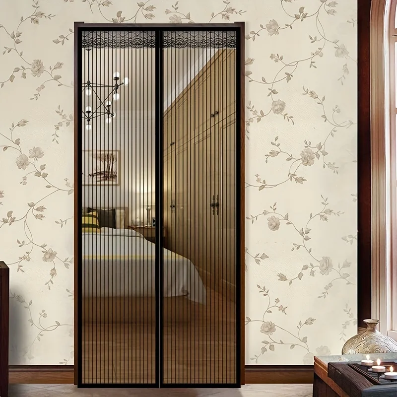 Summer Striped Breathable Mosquito Net Curtain with Magnetic Automatic Closing Complete Sizes for Bedroom Insect Protection.