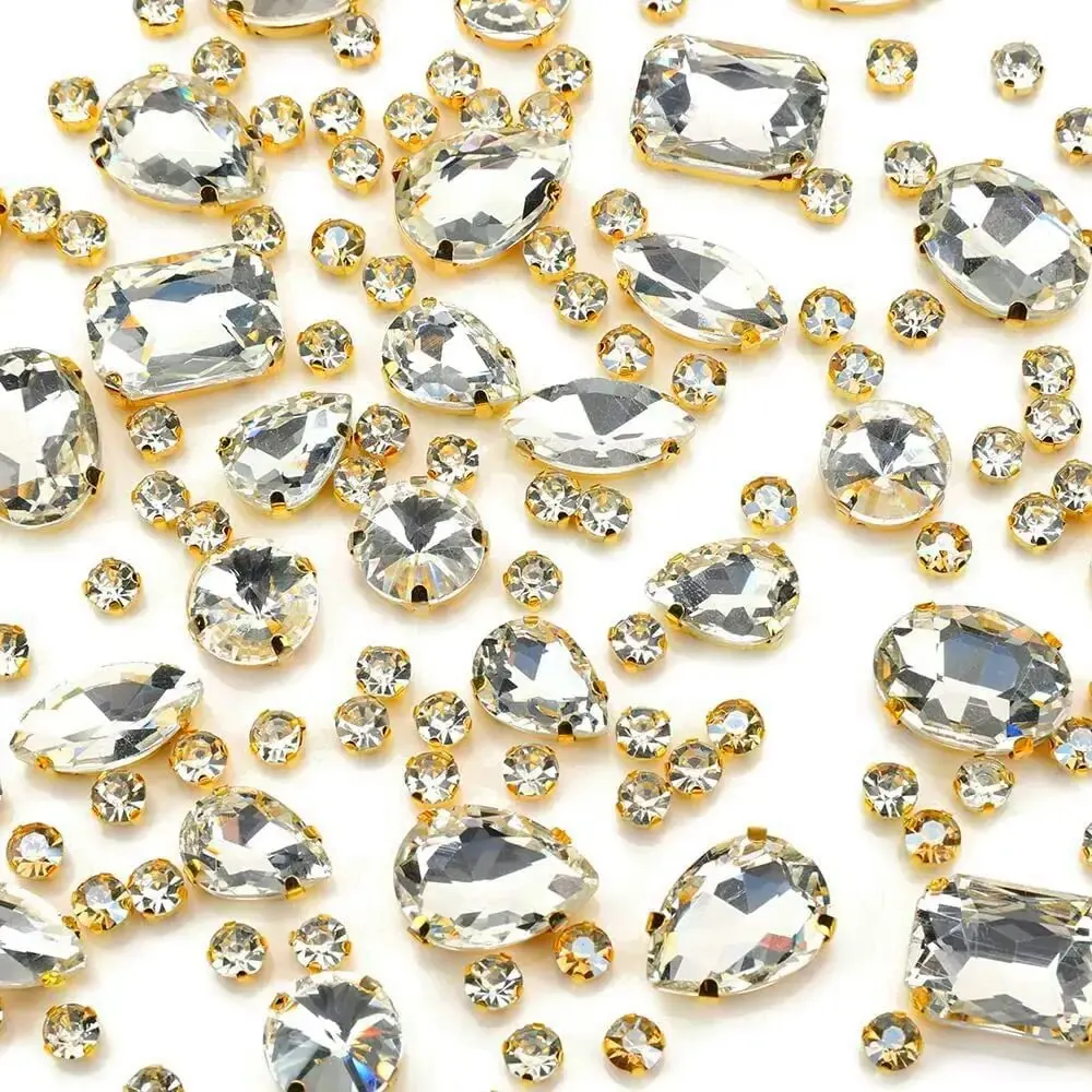 Sew On Rhinestones, Choupee 130PCS Sew On Glass Rhinestone Metal Back Prong Setting Sewing Claw Rhinestone Mixed Shapes