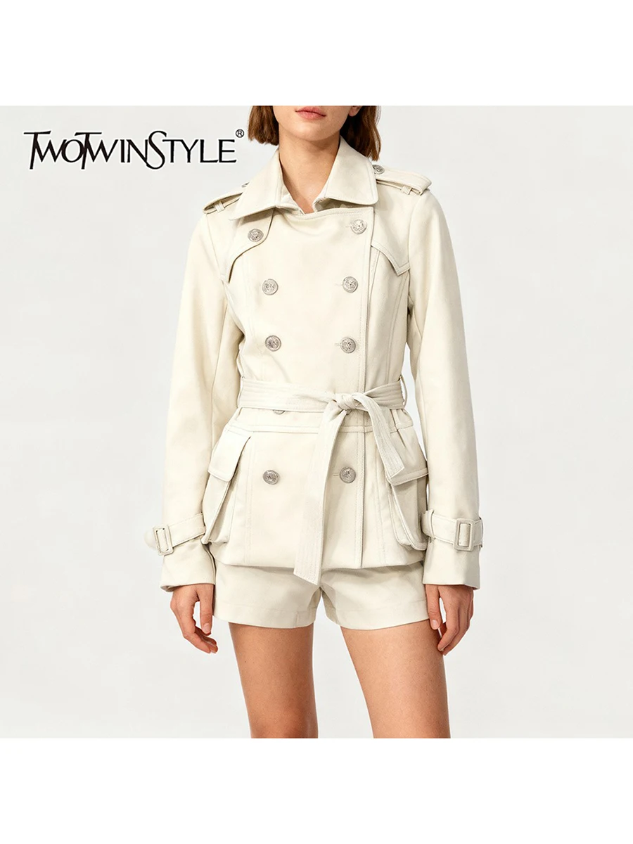 TWOTWINSTYLE Solid Slimming Spliced Lace Up Basics Trenchs for Women Lapel Long Sleeves Patchwork Pocket Leather Trench Female