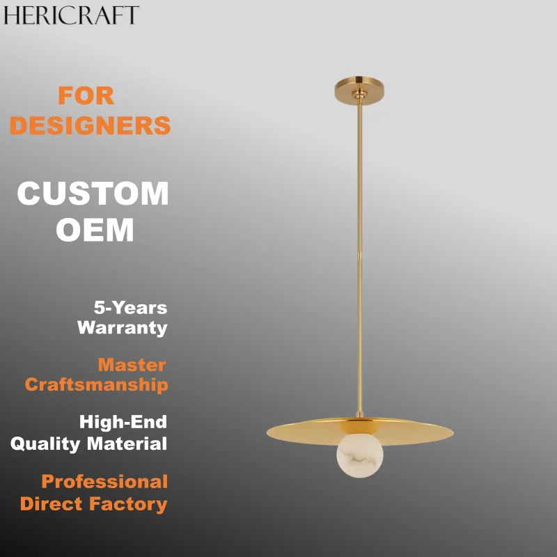 Brass Disc Pendant Light Minimalist Chandelier With Alabaster Globe For Living Room Dining Kitchen 110V