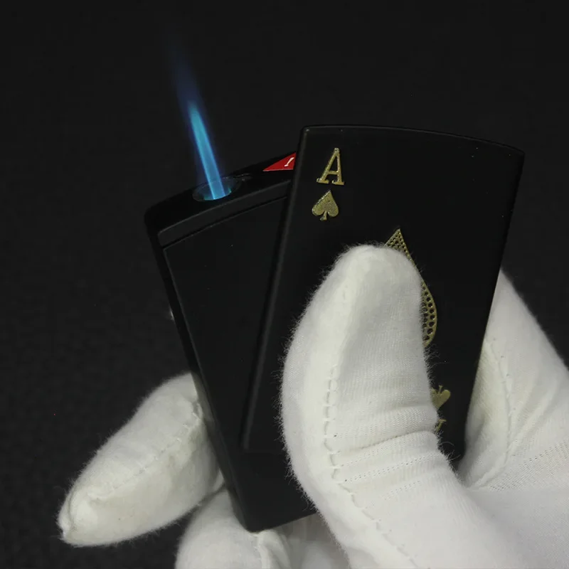 Creative Metal Straight Into Blue Flame Net Red Black Playing Card Lighter Windproof Inflatable Personality Trendy Boyfriend Gif