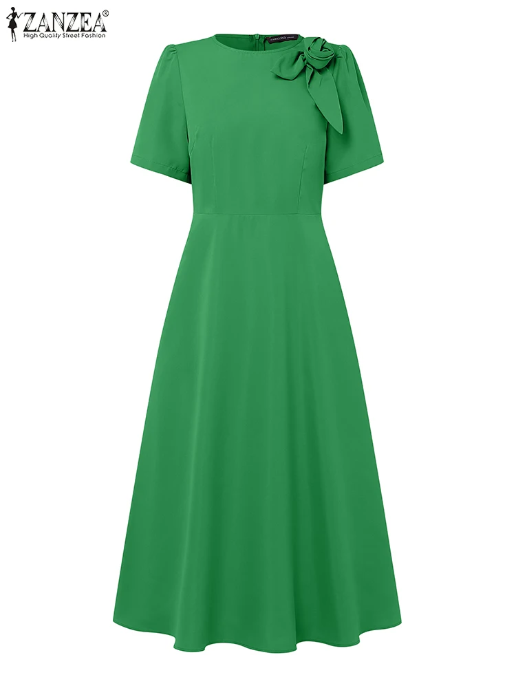 ZANZEA Elegante Damen-Partykleider 20225, modische Stoffblume, kurze Ärmel, O-Ausschnitt, A-Linie, Midi-Roben, Sommer, taillierte Taille, Kleid