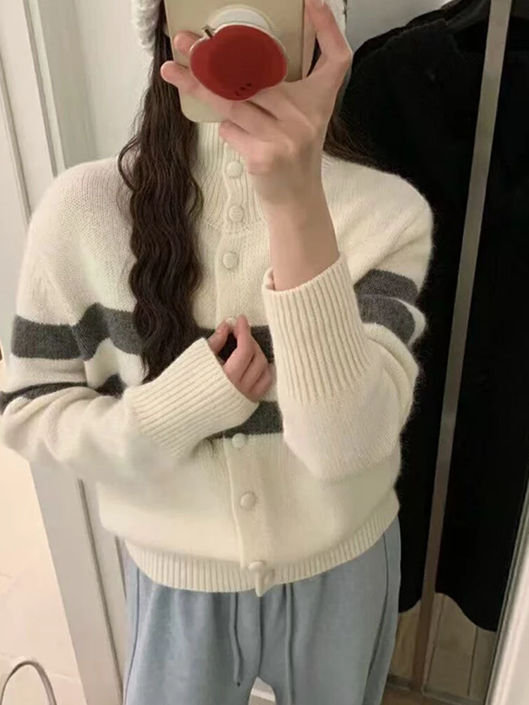 

Retro High Ne Striped Knitted Open Cardigan Women's Soft Cozy Sle Sweater Coat Autumn Winter New Arrival Ci Walk