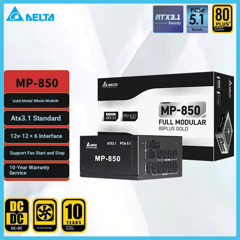 

Блок питания Delta Rated 850W MP850 Black Gold Medal, полнофункциональный, ATX3.1/PCIe5.1, с поддержкой полного диапазона напряжений, для компьютеров, совместим с видеокартами серии 50, с функцией старт-стоп для вентиляторов.