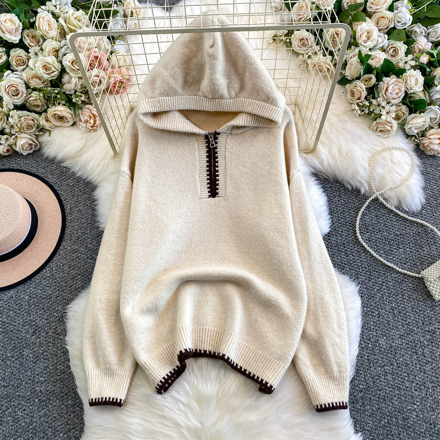 

SuperAen Preppy-style Fashion Zipper Pullover Hooded Knitted Sweater for Women 2026 Winter Casual Thickened Loose Tops