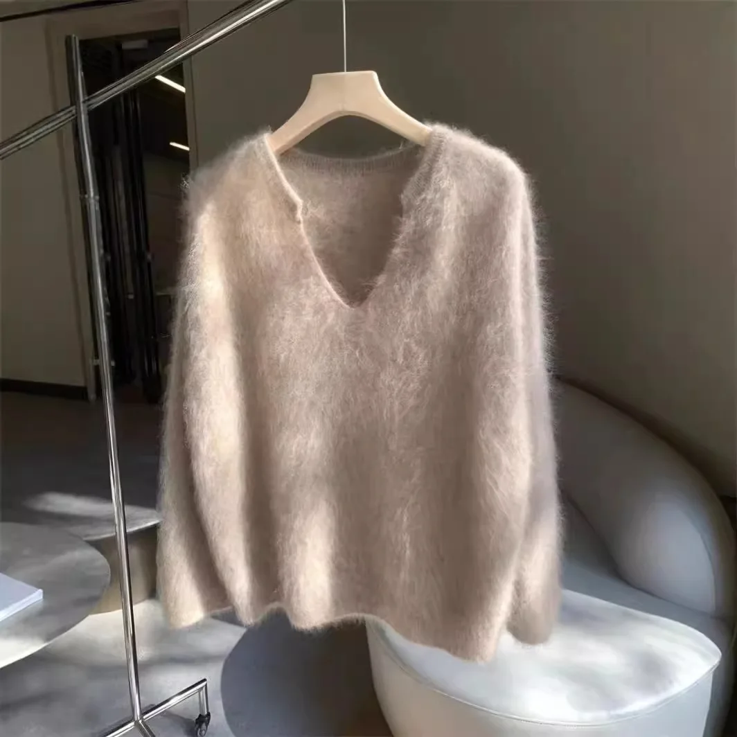 Suave leche glutinosa Fufu imitación piel de visón blanco para mujer Otoño Invierno nuevo suéter de punto suelto y perezoso con cuello en V con interior