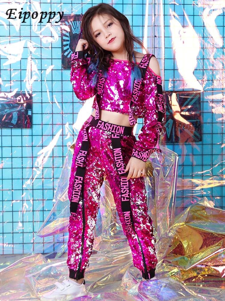 

Kids Hip Hop Dance Clothing Rose Sequins Girls Jazz Dance Costumes Ballroom Dancing Shelf Drum Performance Clothes Outfits