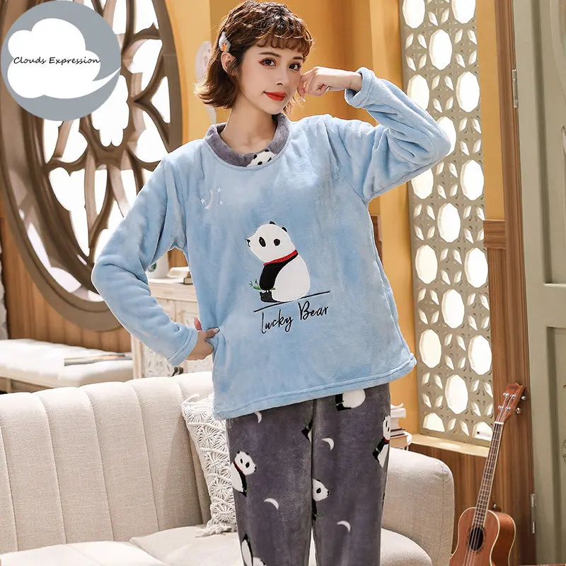 Winter Warm PJ Flannel Women Sleepwear Pajamas Girls Cartoon Print Pajama Set Pullover Coral Fleece Pijamas Mujer Home Suits 3XL