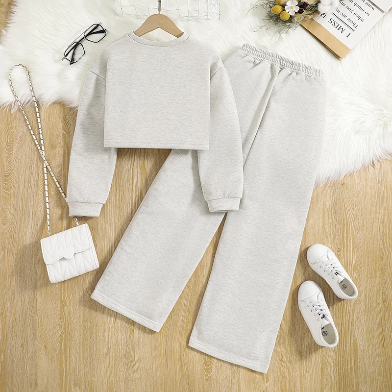2PCS Spring and Autumn Girls Children\'s Simple Solid Color Polyester Hoodless Sweatshirt + Casual Loose Straight Leg Pants 8-12Y