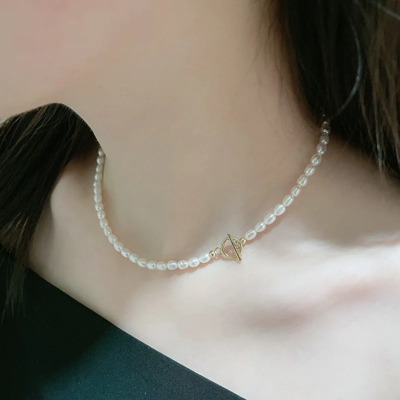 

4-5mm Natural Freshwater Rice Shape Pearl Necklace, OT Clasp High Quality High Luster Rice Pearl Strand