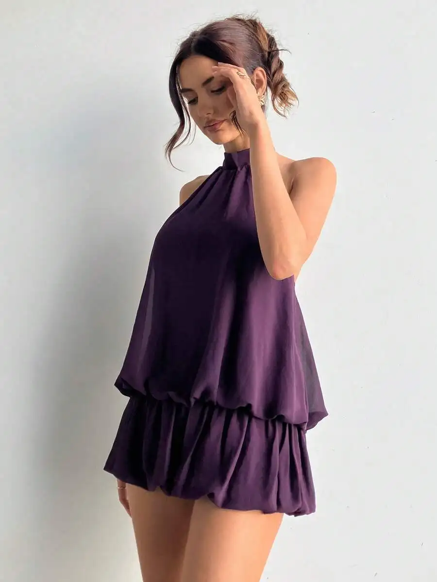 Mouwloze mini-jurk met halterhals en ruches aan de zoom voor dames voor zomerfeesten, paars