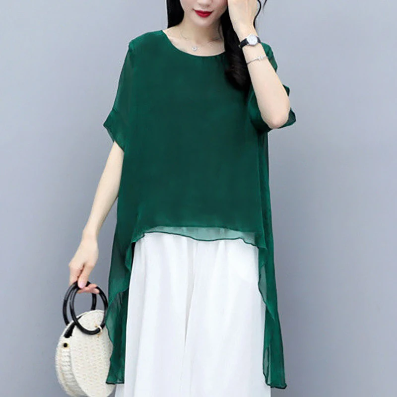 

Fashion O-Neck Solid Color Asymmetrical Chiffon Blouses Women's Clothing 2024 Summer New Loose Commuter Tops Irregular Shirts