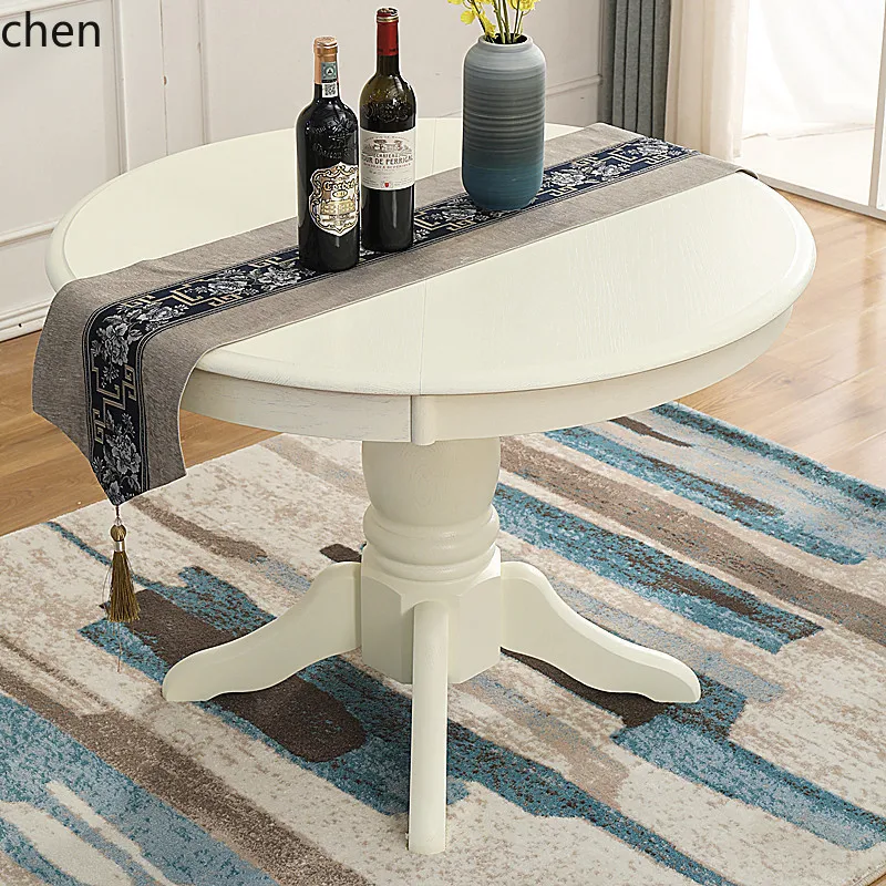 HT Solid Wood Extendable Folding Dining Table Convertible Round Table Mediterranean Dining Table Round Retro Home Use