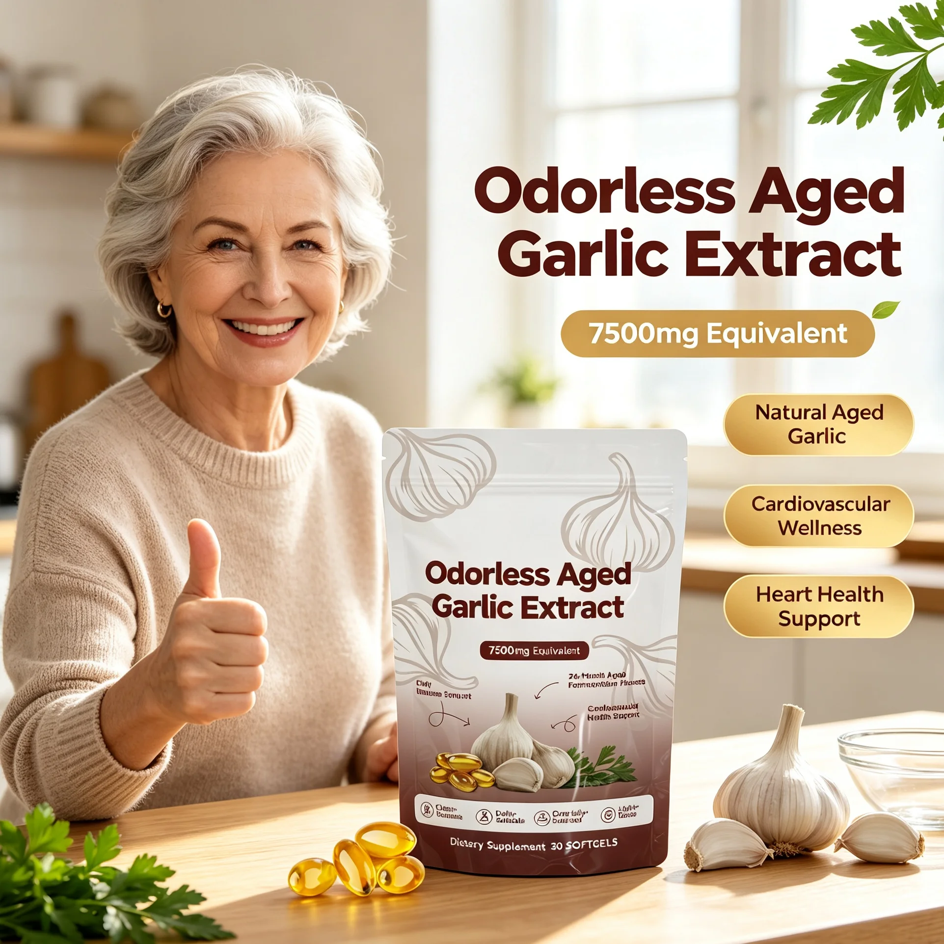 Natural Odorless Garlic Oil Soft Capsules, Garlic Extract Supplement, Support Heart Health & Healthy Blood Circulation, Non-GMO
