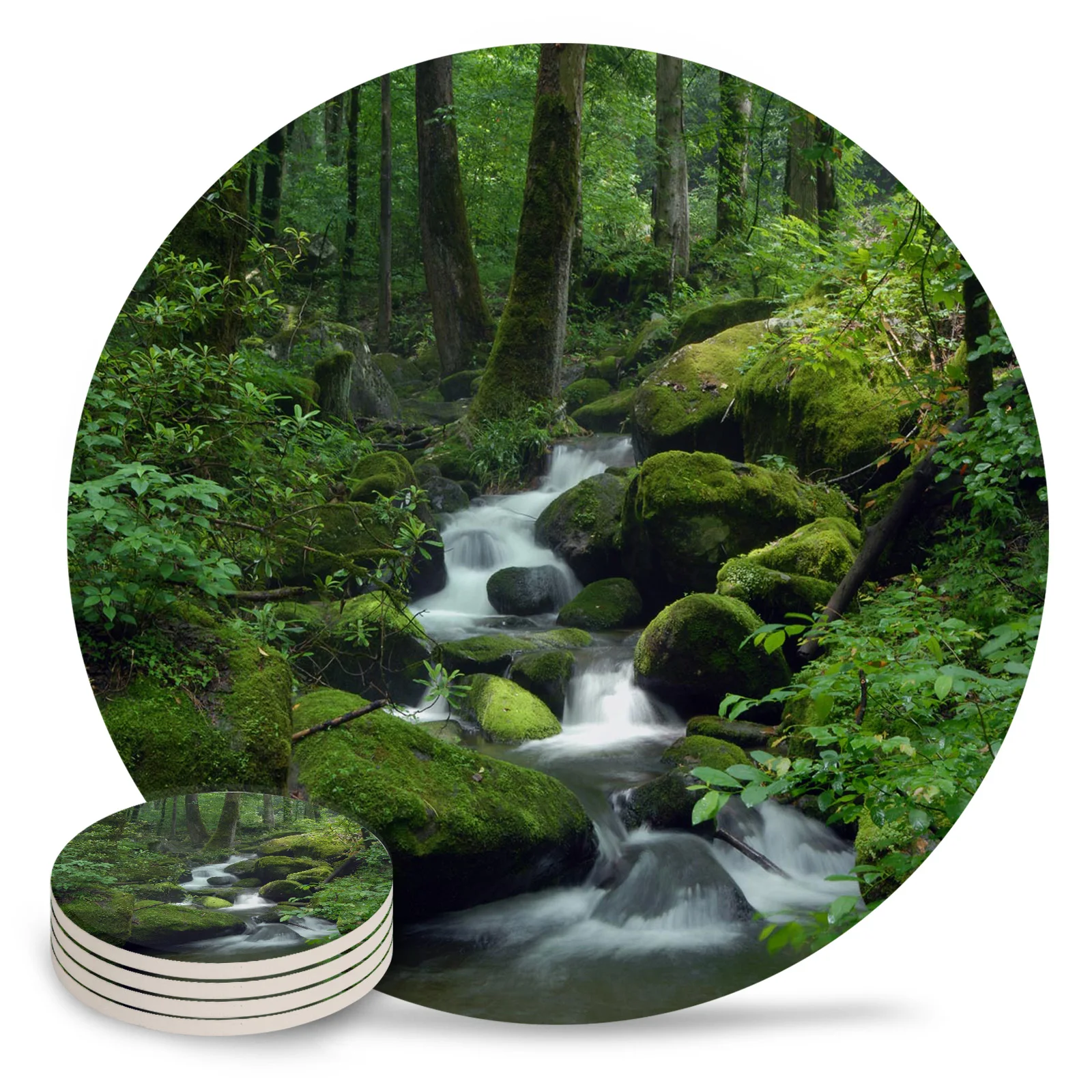 Forest Water Stones Trees Ceramic Coaster Set Coffee Tea Cup Coasters Kitchen Accessories Round Placemat