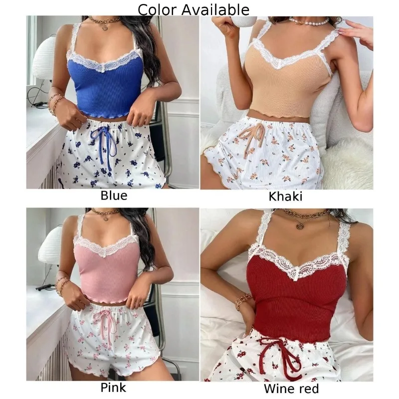 

Women 2psc Pajama Set Pink Lace Patchwork V-Neck Sleepwear Sexy Nighties Suit Cami Top Printed Shorts Soft Pyjamas Loungewear