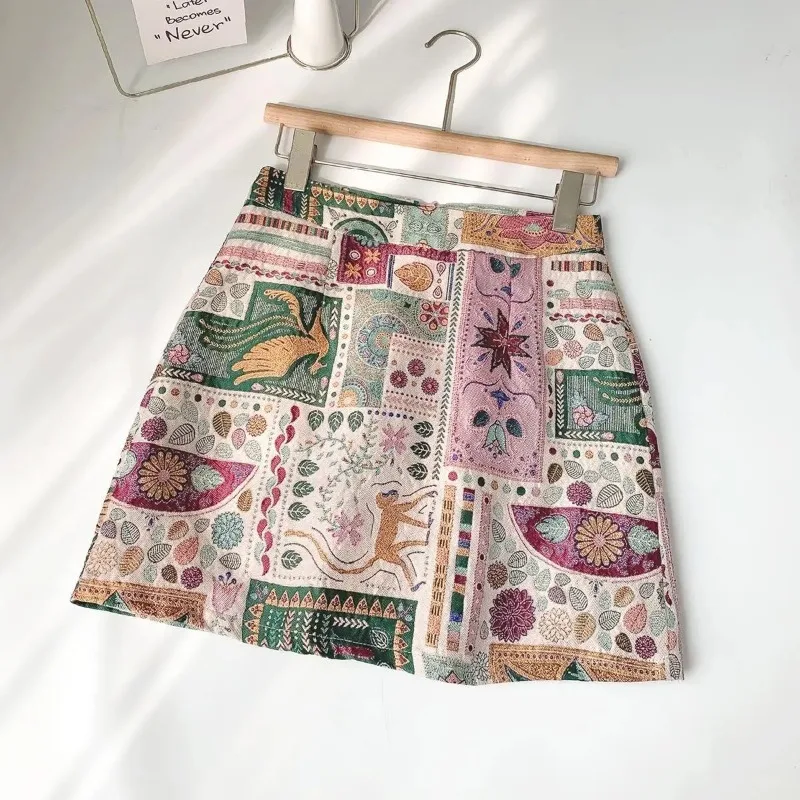 Bohemian Ethnic Print Mini Skirt Women High Waist A-line Retro Floral Bodycon Short Skirt