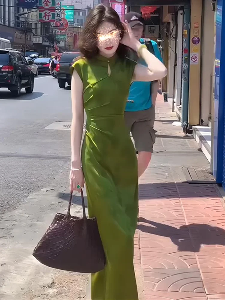 

New Chinese Style Retro Dress Women's Summer Slimming Long Skirt Fashionable Commute Short Sleeve Stand Collar