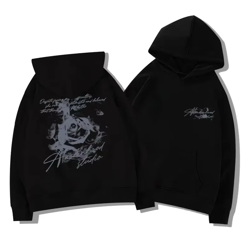 Men's Vintage Rose Print Hoodie Sweatshirt Oversized Streetwear Cursive Letter Graphic Pullover Casual Sweatshirt Fall Winter