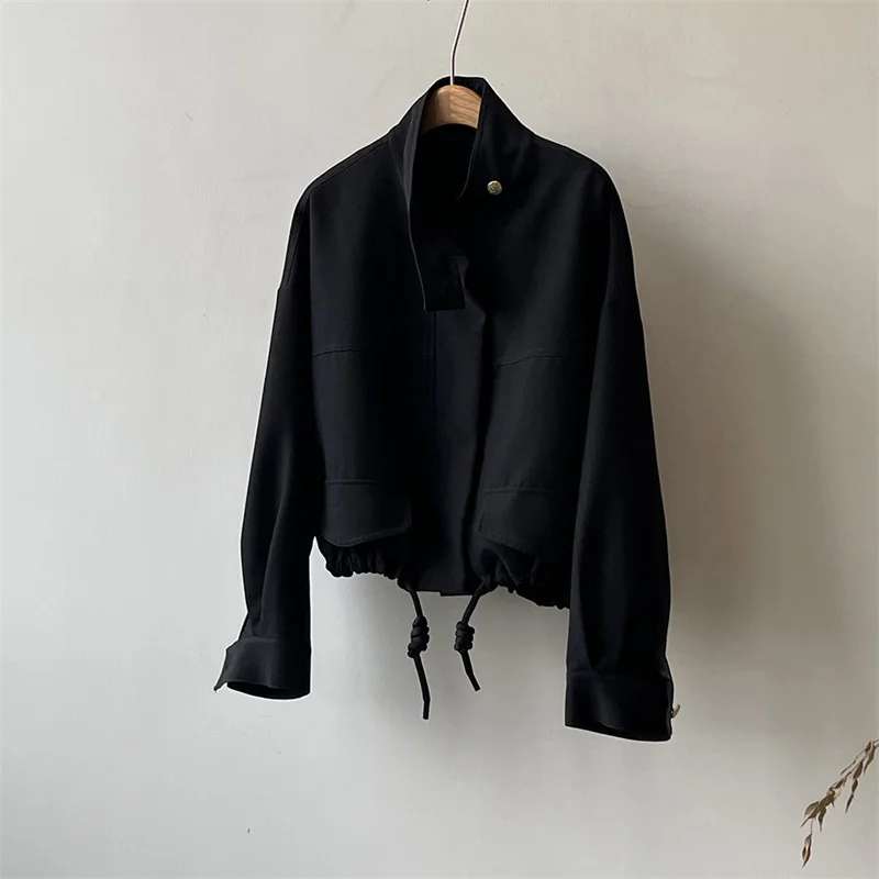 Women's Casual Short Jacket Autumn Korean Style Stand Collar Comfortable Loose Fit Solid Color  with Drawstring Hem  Minimalist