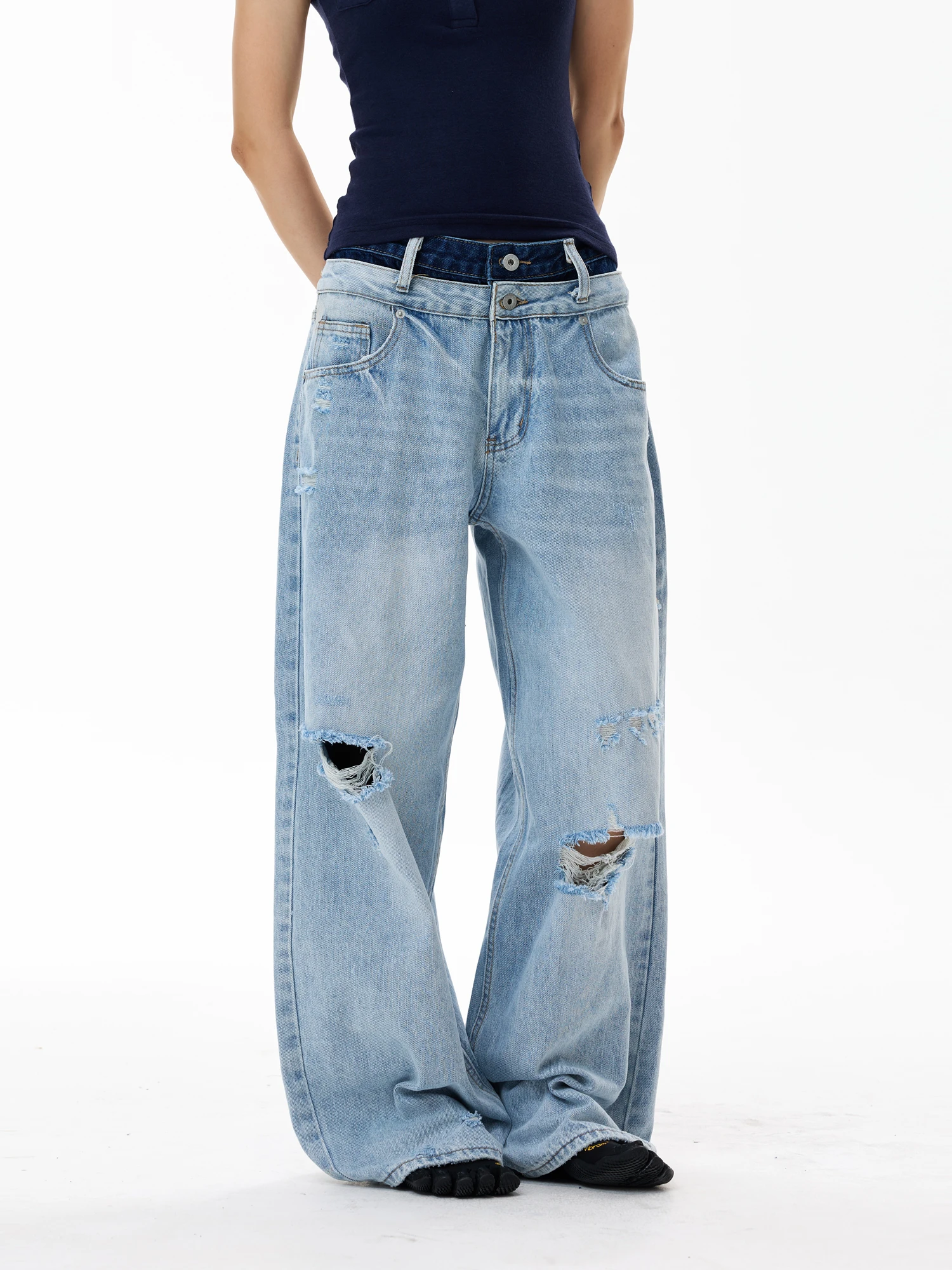 Yeboon American Retro Waist Design Sense Hole Denim Pants Light Blue Loose Wide Leg Straight Cut mid Waist Long Trousers
