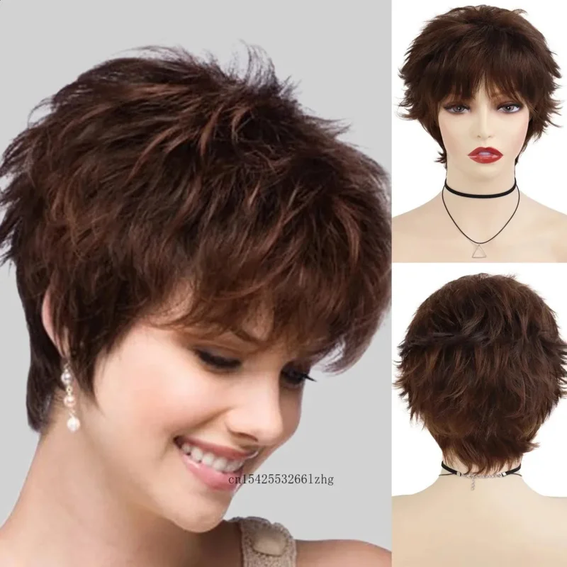 

GNIMEGIL Synthetic Short Pixie Cut Hair Wigs for Women Natural Wave Hairstyle Fluffy Brown Female Wig Daily Cosplay Halloween 24