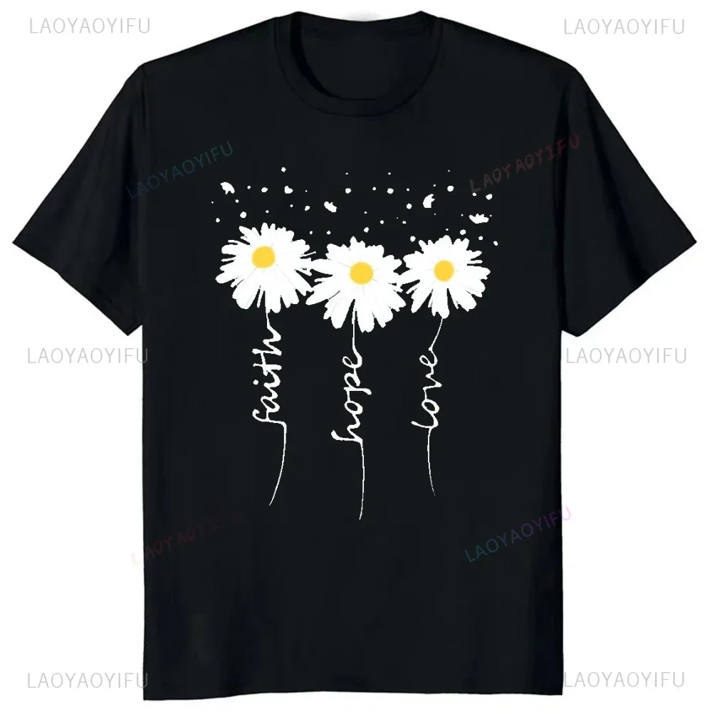 2024 Women's Crew Neck Top Daisy Print Short Sleeve Summer Faith - Hope - Love Xi Casual Fashion Loose Fitting T-shirt