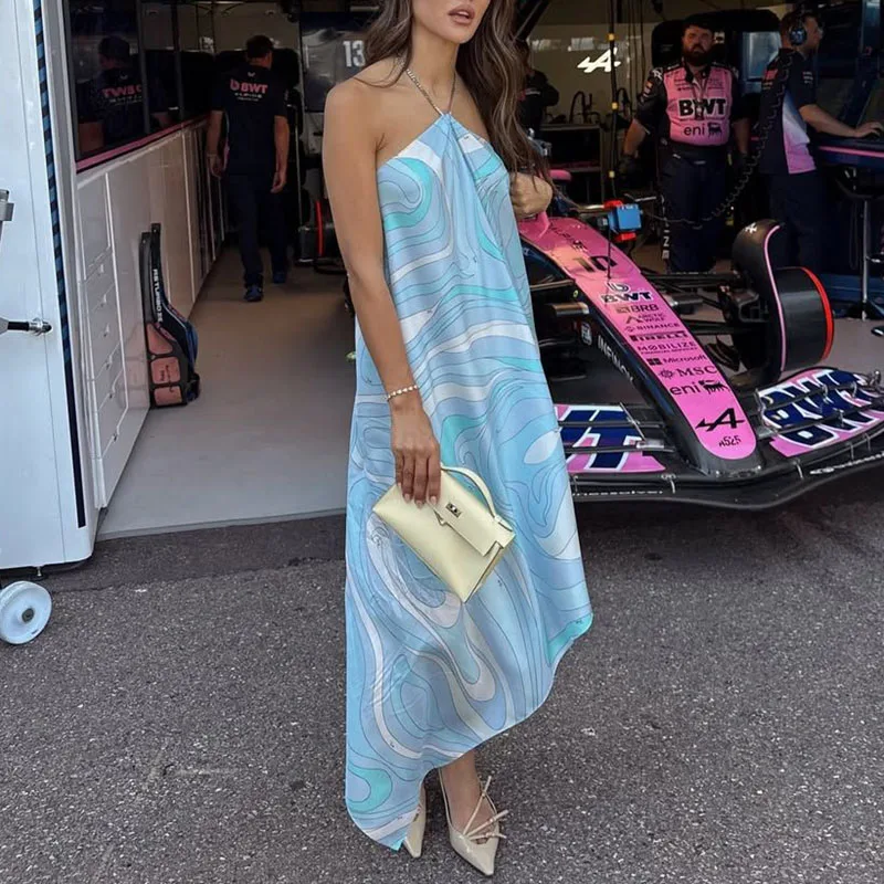 Robe longue en Satin pour femmes, Sexy, dos nu, creuse, irrégulière, élégante, imprimée, sans manches, col licou, ligne a, robes de plage, vacances, été