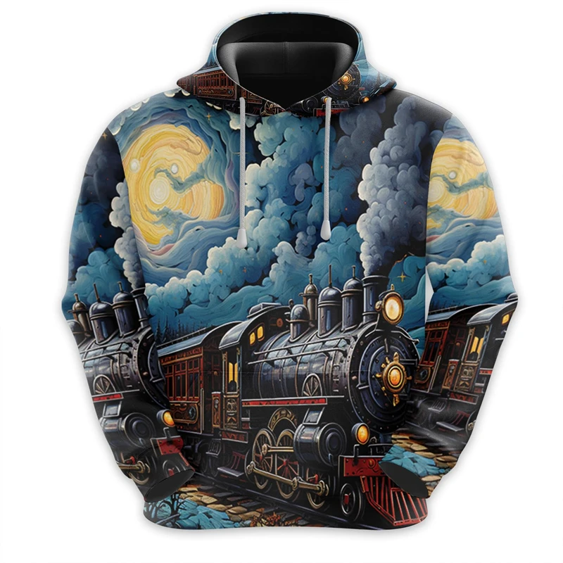 Vintage Steam Train Pattern Hoodies Fashion Autumn Long Sleeve Mens 3D Printed Hooded Sweatshirt Loose Streetwear Kids Pullover