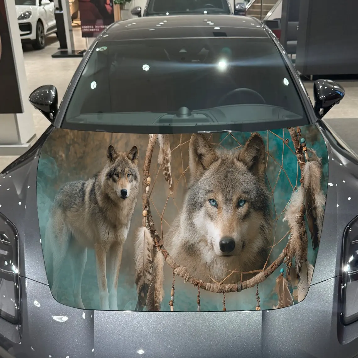 Spiritual Wolf Dreamcatcher Artistic Voyage PVC Car Hood Wraps, Self-Adhesive Waterproof Car Bonnet Decal Sticker, Car Decoratio