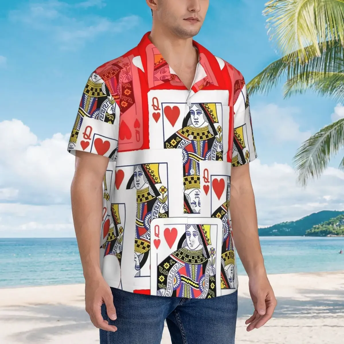 Casino Nights Red Queen Of Hearts Hawaiian Shirts Funny Men Short Sleeve Shirt for Summer Beach Men's Lapel Tops