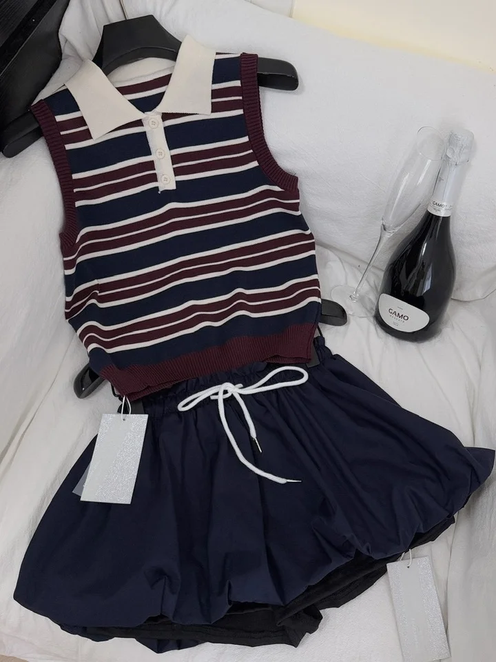 

Retro Sweet Girl Set Collar Stripe Svel Vest High Waist Slimming Flower Bud Skirt Two Piece Summer Outfit
