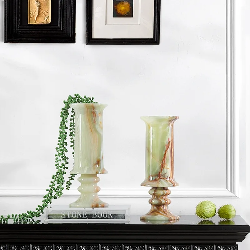Modern Natural Green Onyx Stone Vase, Luxury Creative Tabletop Ornament, Bedroom Nightstand & Model Room Desktop Floral Decor