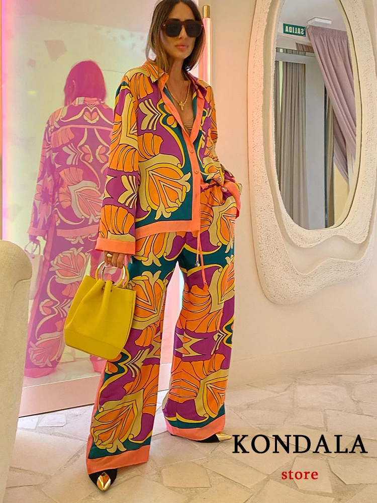 KONDALA Vintage Print Elegant Women\'s Suit 2022 Fashion New Elastic Waist Straight 2 Piece set Suit Casual Chic Youth Vacation