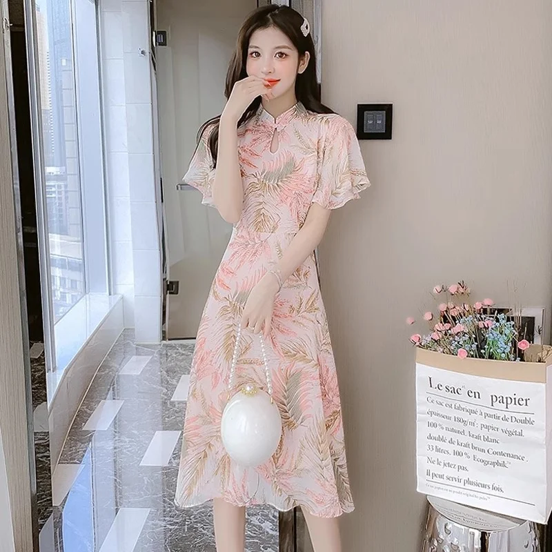 Improved Cheongsam Chiffon Dress For Women Summer Wear 2025 Fashion Design Slim Temperament Elegant Dress W123