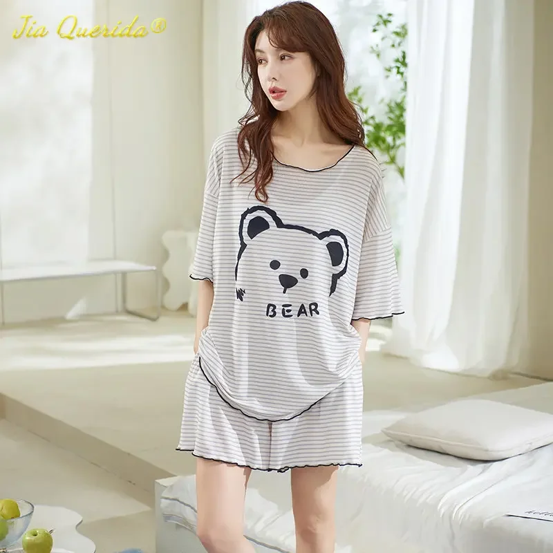 

SUKAE Lazy Cute Bear Woman's Pajamas Sets Summer Modal Shorts Sleepwear for Girl Short Sleeves Homewear Lady Nightwear Pijamas