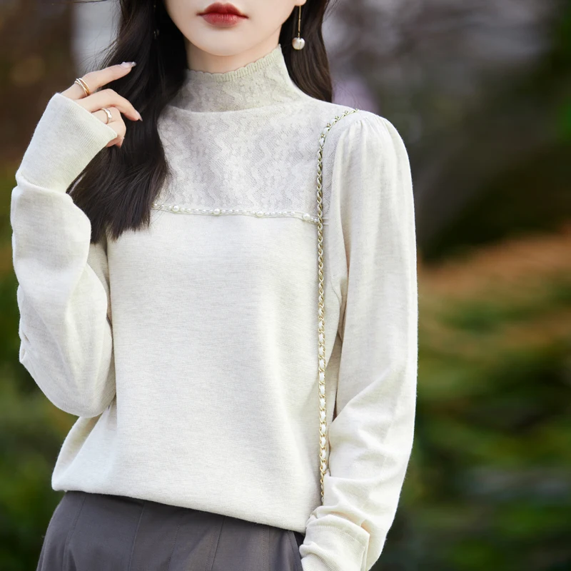 

Women's Spring Autumn Solid Color Fashion T-Shirt Half High Neck Lace Bead Fine Imitation Wool Knitted Pullover Thin Sweater