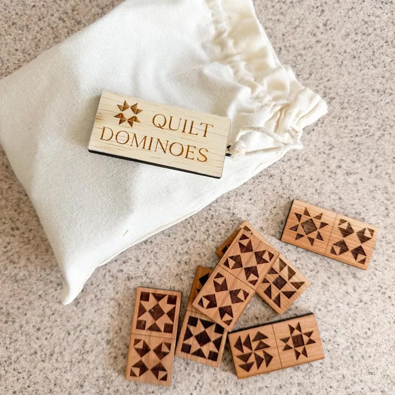 

28 Tiles Quilt Block Dominoes Set, Wooden Laser Engraved Domino Game For Adults, 28-Piece Cherry Wood Domino Set