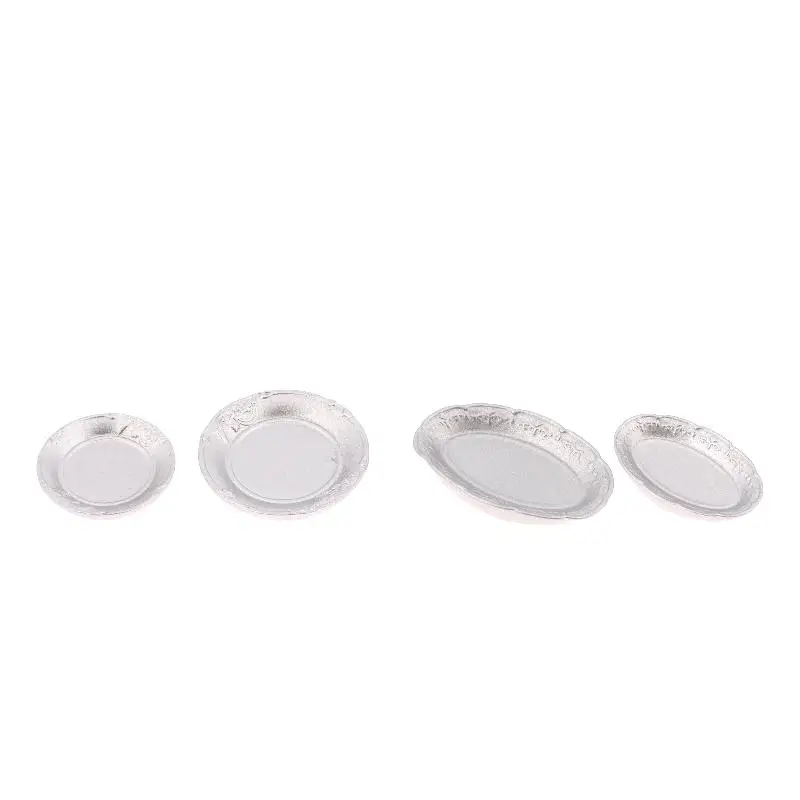 6Pcs 1/12 Dollhouse Silver Dinner Plate Food Tray Model Dollhouse Kitchen Tableware Decoration Toy Dolls House Accessories