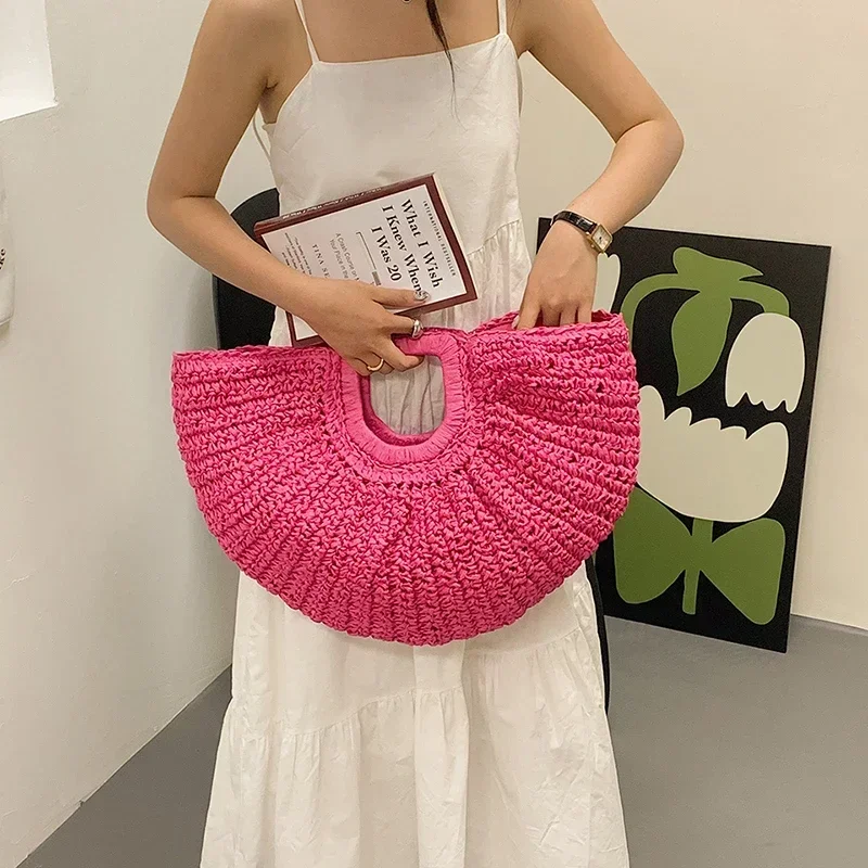 

Ladies Bags 2024 Summer Handmade Bags for Women Beach Weaving Ladies Straw Bag Wrapped Beach Bag Moon Shaped Top Handle Handbags