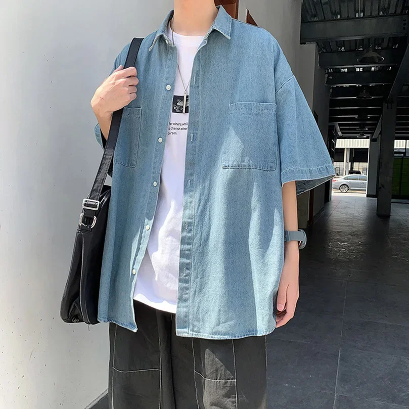 Summer Brand Denim Shirt Men Short Sleeve Cargo Shirt Coat Loose University Handsome Top Clothes 2024 Cowboy Oversize