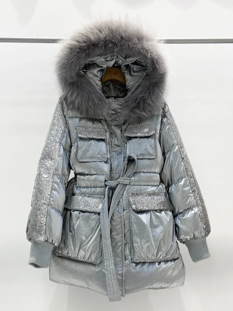 Fashion Bright Silver Down Jacket Women Winter Coat 2024 New Hooded Fur Collar Warm 90% White Duck Down Jackets Female