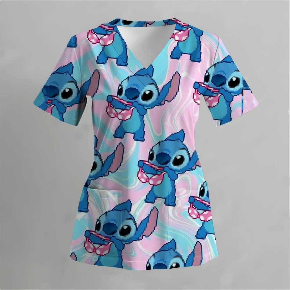 2024 Disney Uniform Women's Cartoon Stitch Print Nurse Work Shirt Pocket Gown Christmas Healthcare Nurse Scrubs Y2K Top