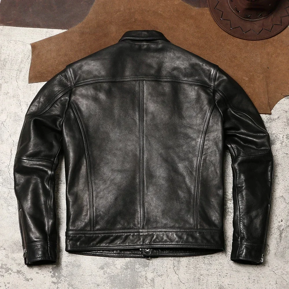 A Retro Tooling Leather Jacket Batik Uncoated Thick Soft Cowhide Coat Men's Lapel Motorcycle in Autumn