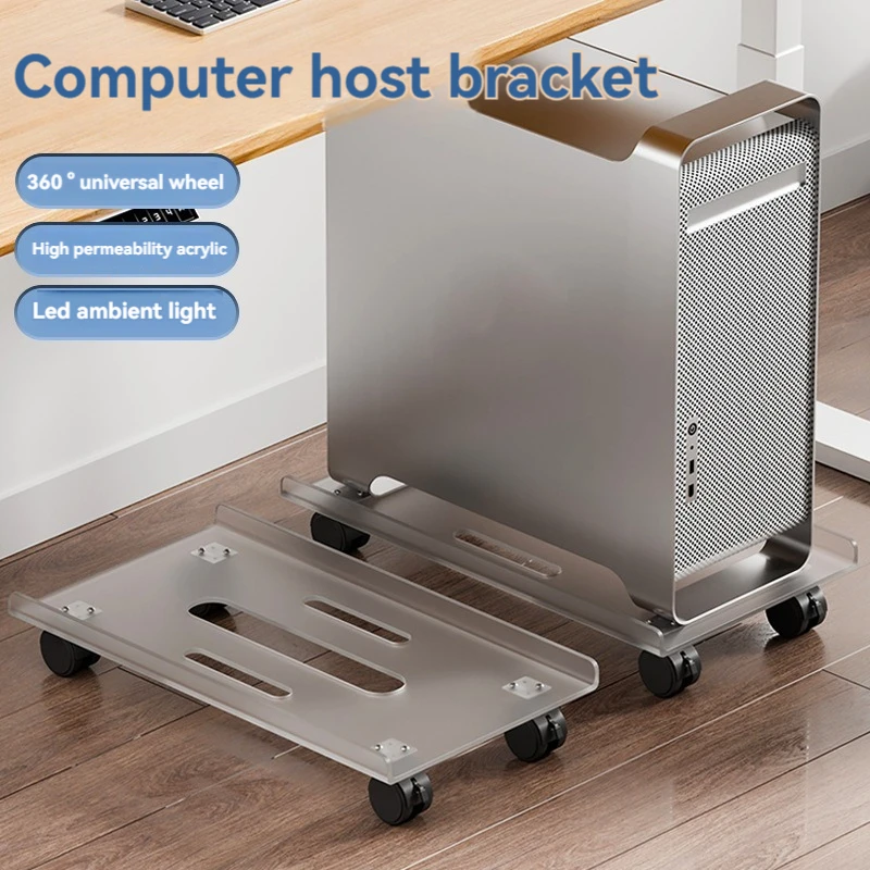 

Transparent Desktop Computer Host Bracket Chassis Mobile Heightened Base with Lights with Wheels Cooling Storage Racks