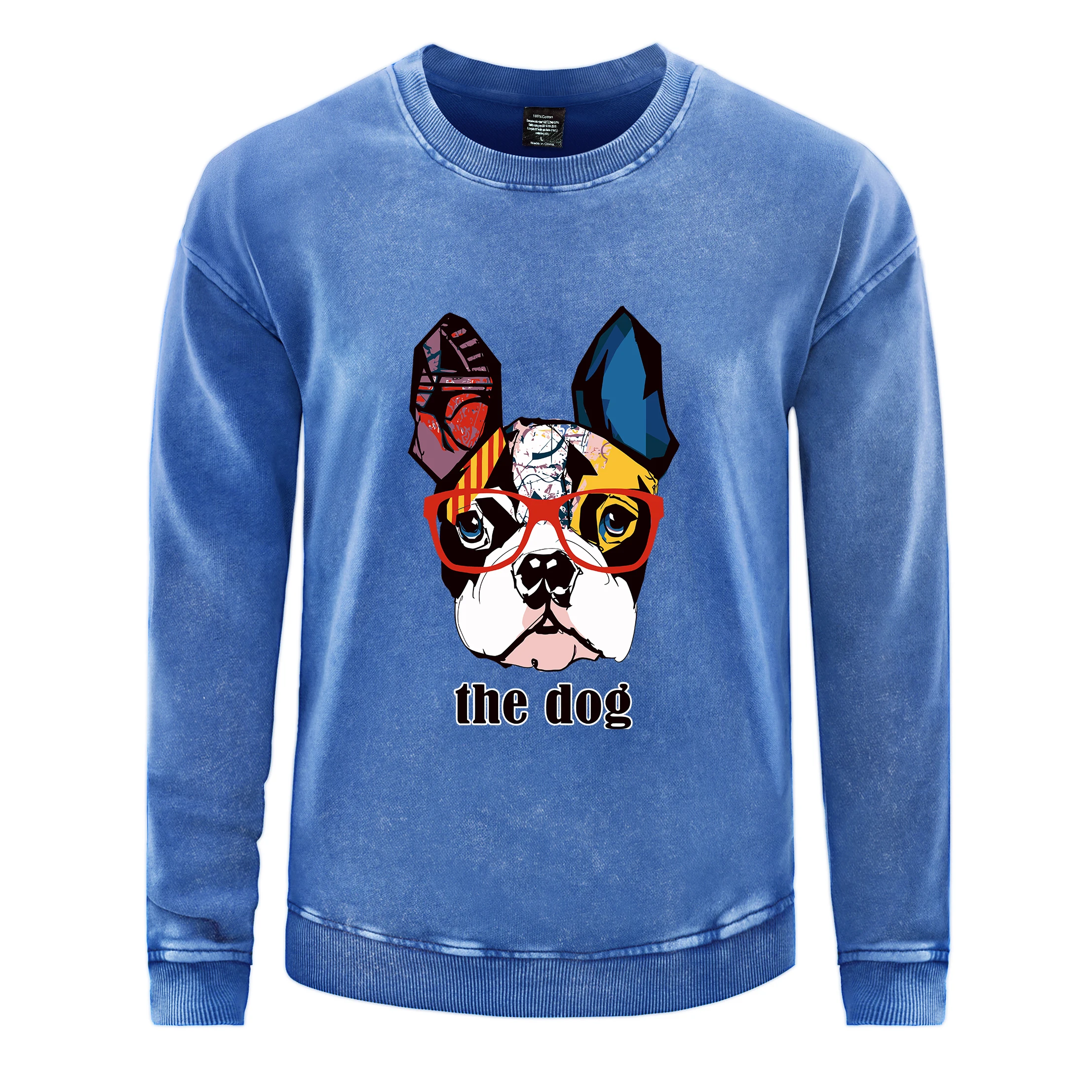 Oversized Men's Washed Sweatshirt Painted Comic Dog Prints Hoodie Autumn Cotton Crewneck Pullover Couple Acid Wash Streetwear