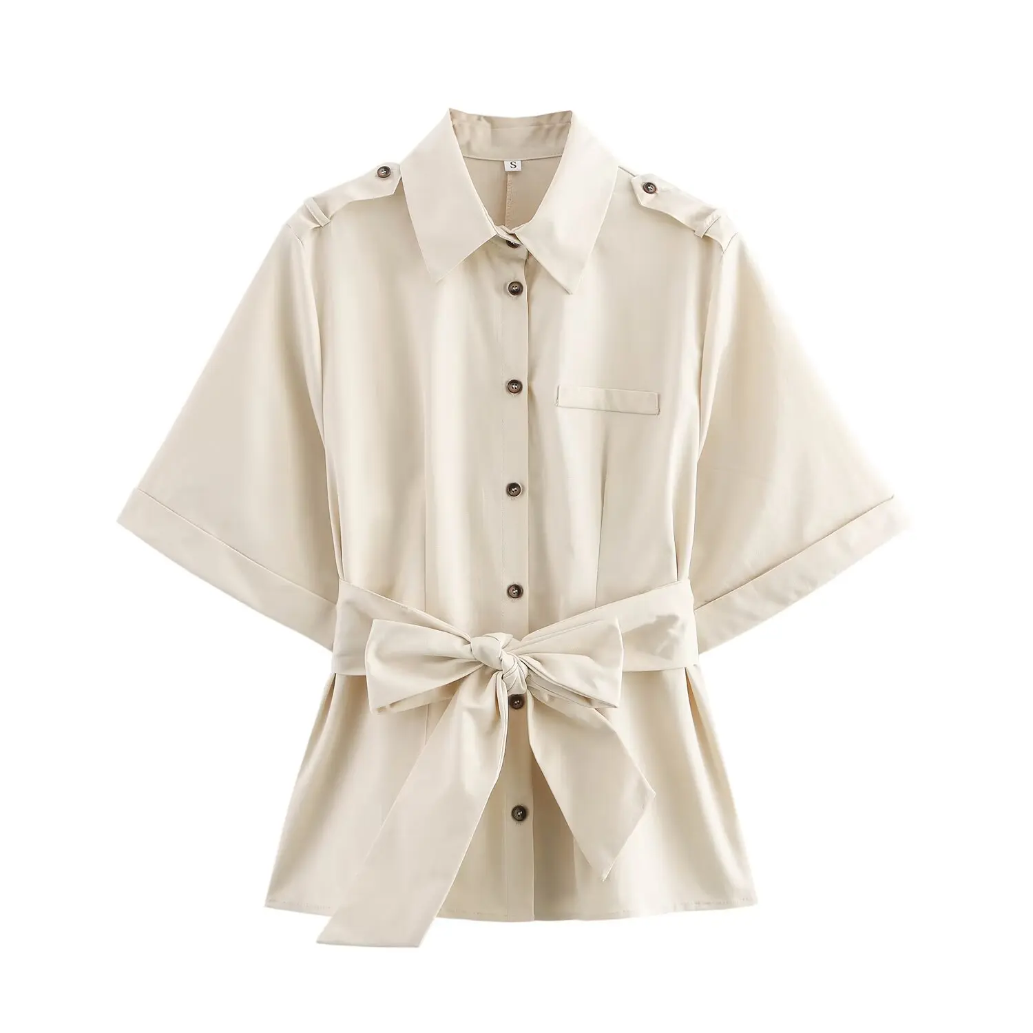 

2025 new women's clothing European and American style fashion versatile belt strap lapel short-sleeved shirt