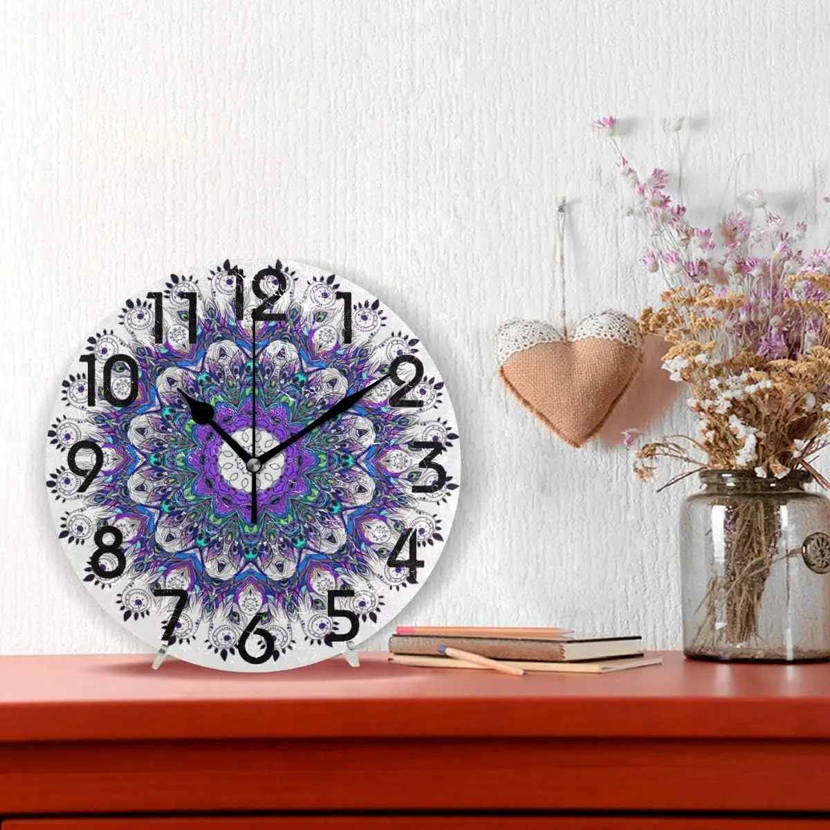 Beautiful Ornament Mandala Print Round Wall Clock, 9.5 Inch Battery Operated Quartz Analog Quiet Desk Clock for Home,Office,Scho